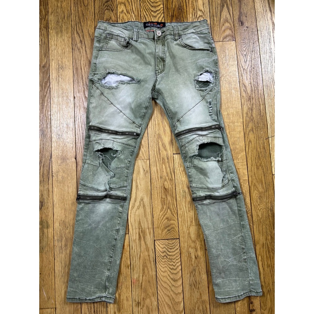 Copper Rivet Distressed Olive Green Moto Jeans Ripped Zipper‎ Accents Size L